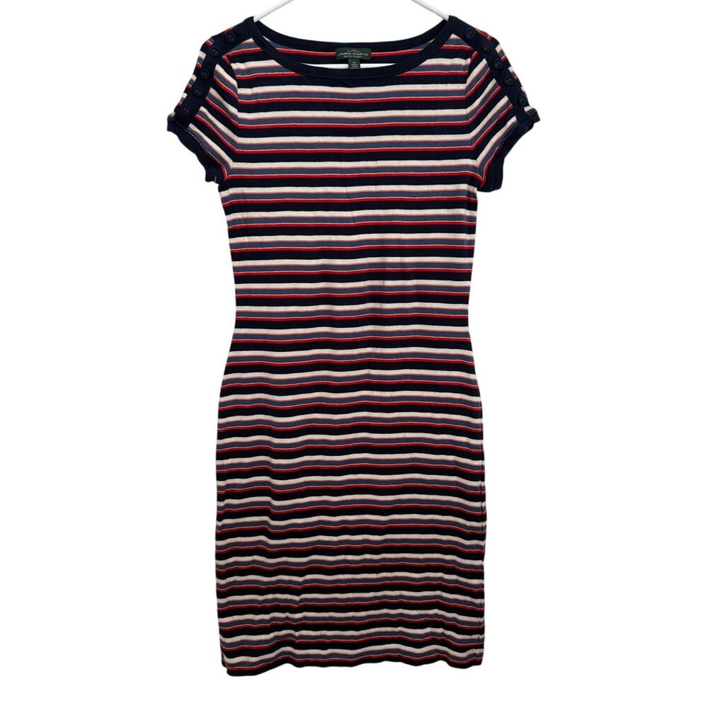Ralph Lauren Jeans Multi Color Stripe Midi Dress Medium Retro Statement Nautical